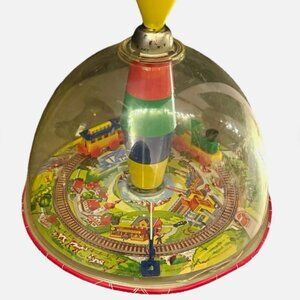 Vintage 1950s Bolz Tin Clockwork Spinning Train Toy Under Dome West Germany